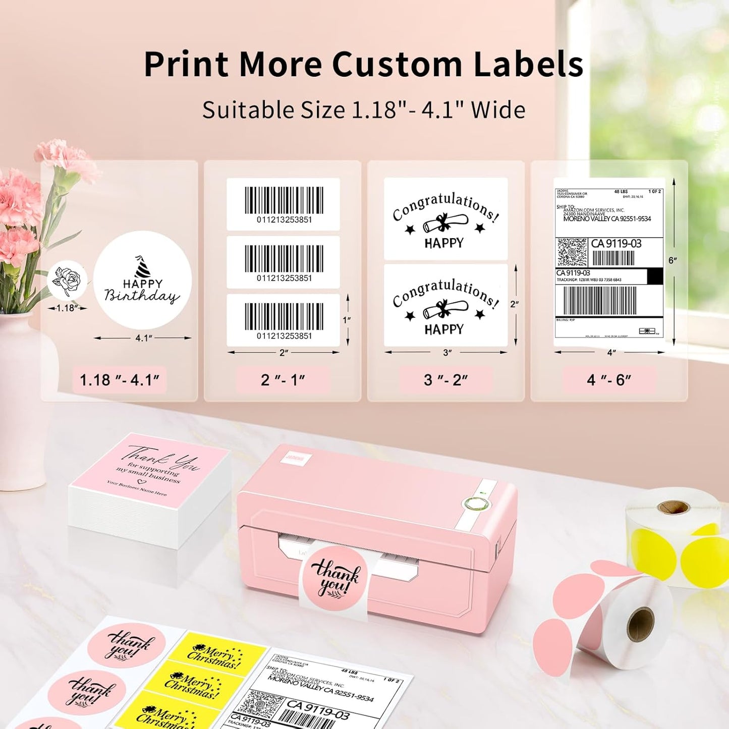 Bluetooth Thermal Label Printer 4X6, Pink Wireless Shipping Label Printer for Small Business & Packages, Compatible with Ios, Android, Mac, Windows, Amazon, Etsy, Ebay, Shopify