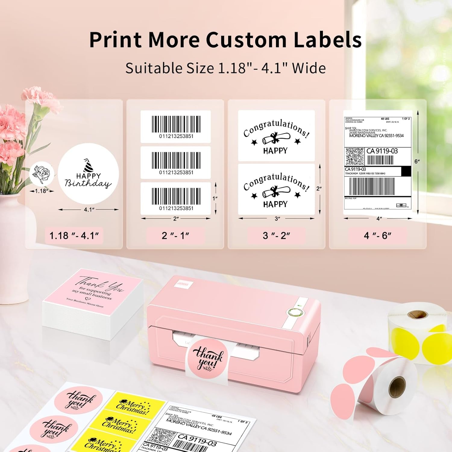 Bluetooth Thermal Label Printer 4X6, Pink Wireless Shipping Label Printer for Small Business & Packages, Compatible with Ios, Android, Mac, Windows, Amazon, Etsy, Ebay, Shopify