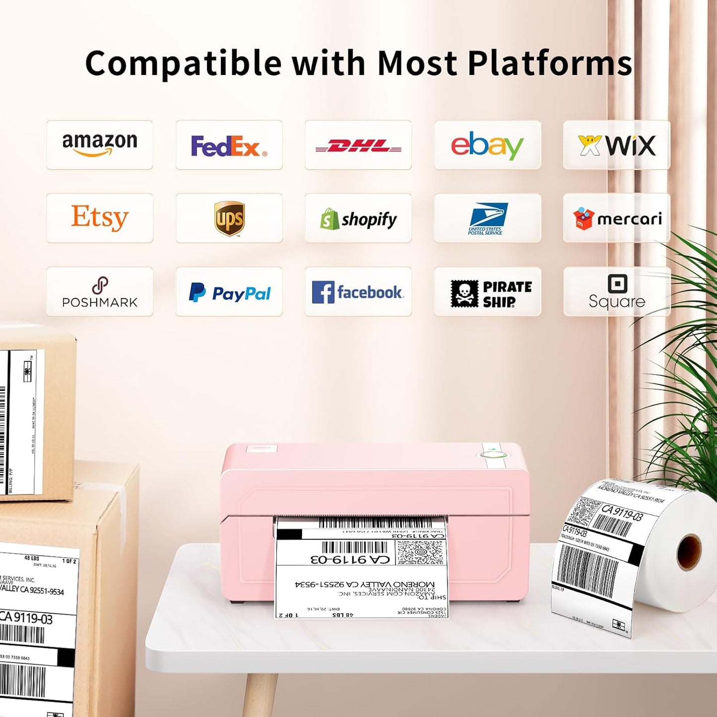 Bluetooth Thermal Label Printer 4X6, Pink Wireless Shipping Label Printer for Small Business & Packages, Compatible with Ios, Android, Mac, Windows, Amazon, Etsy, Ebay, Shopify