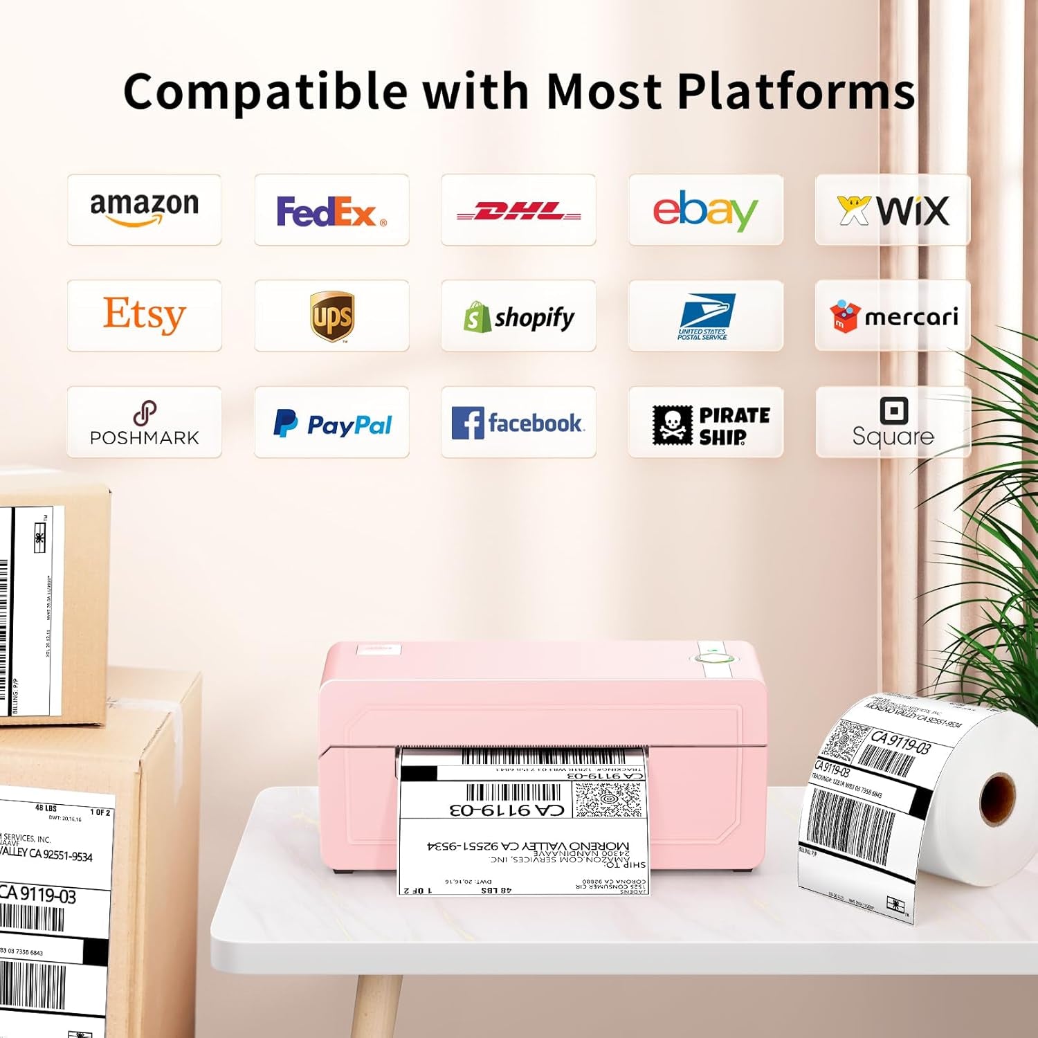 Bluetooth Thermal Label Printer 4X6, Pink Wireless Shipping Label Printer for Small Business & Packages, Compatible with Ios, Android, Mac, Windows, Amazon, Etsy, Ebay, Shopify